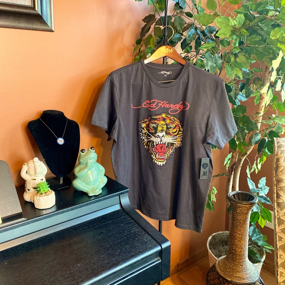Ed Hardy|Ed Hardy Classic Tiger Rhinestone Embroidered Round Neck Tee, Sz XL,NWT